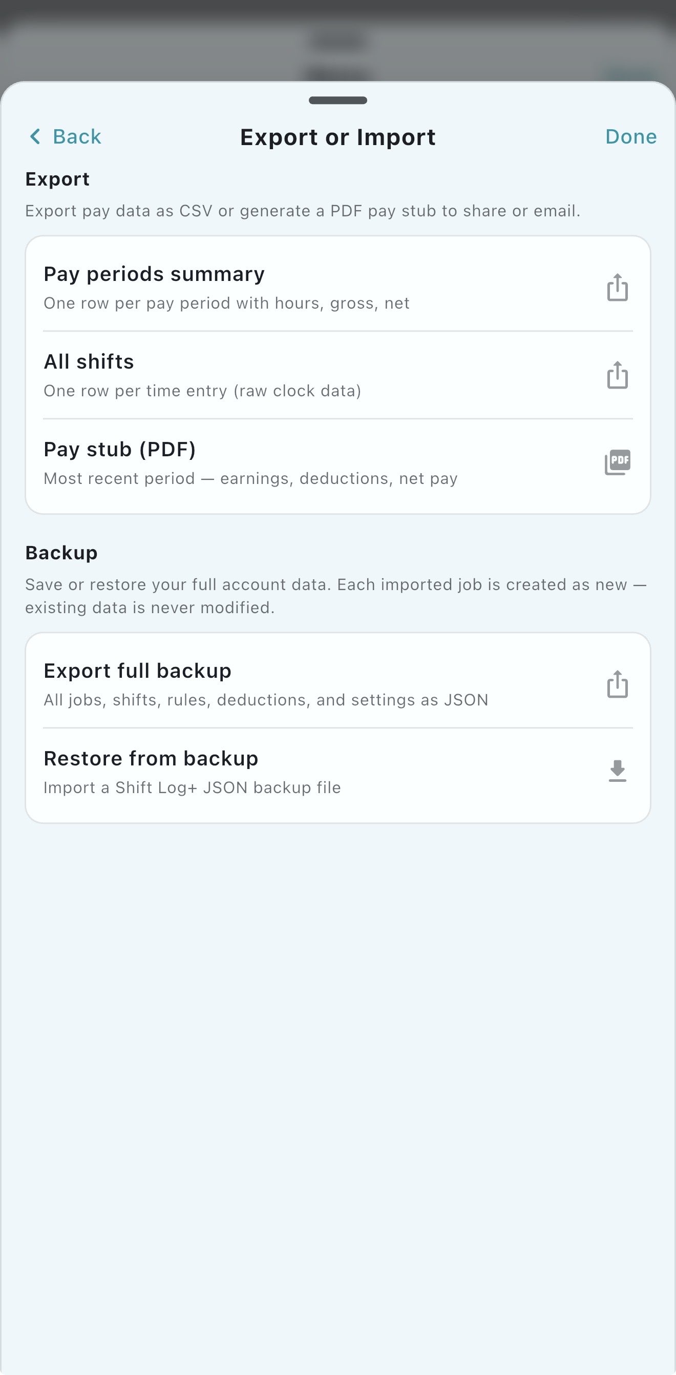 Shift Log+ screenshot: export1.jpg