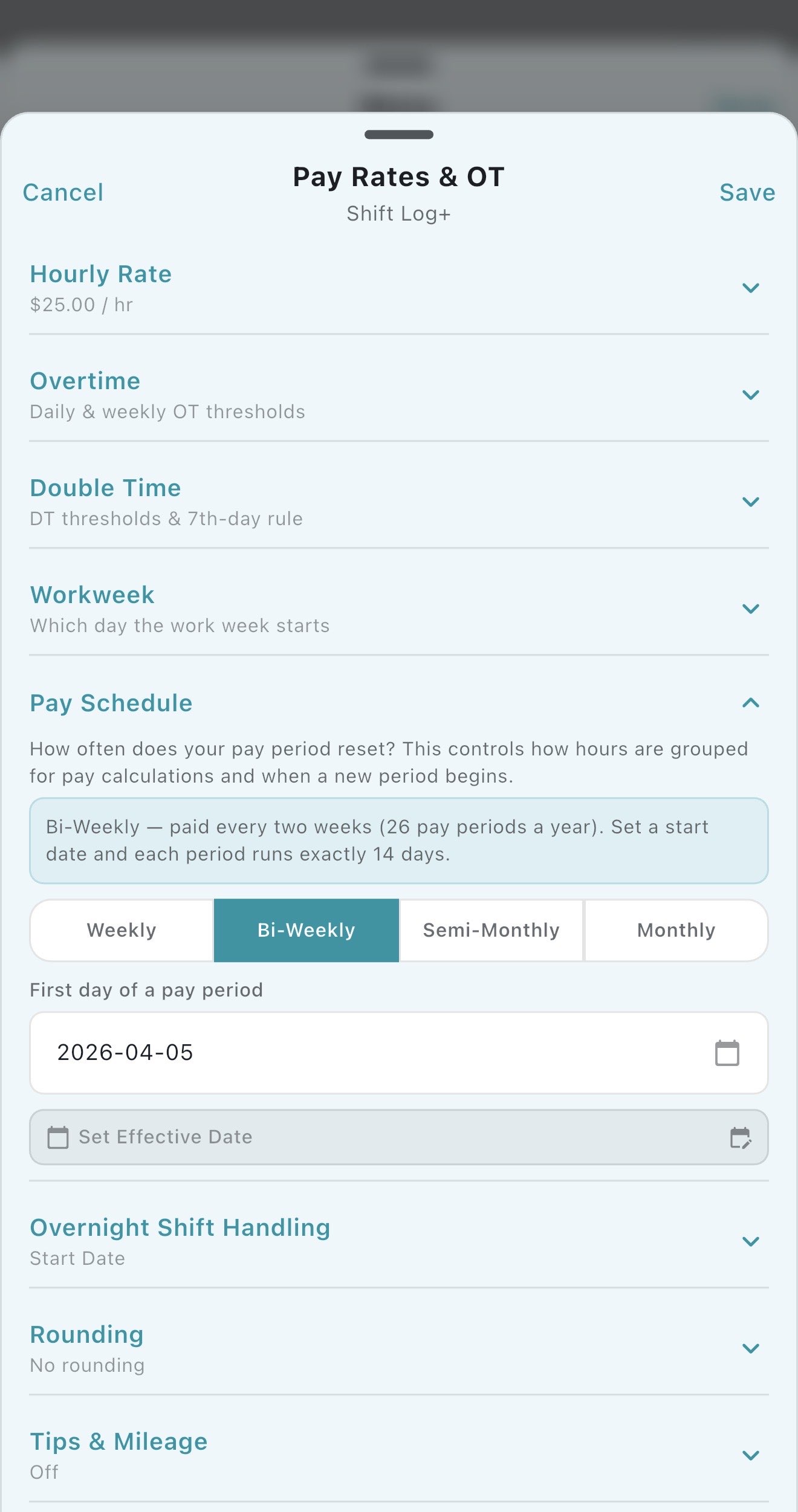 Pay period tracking screenshot