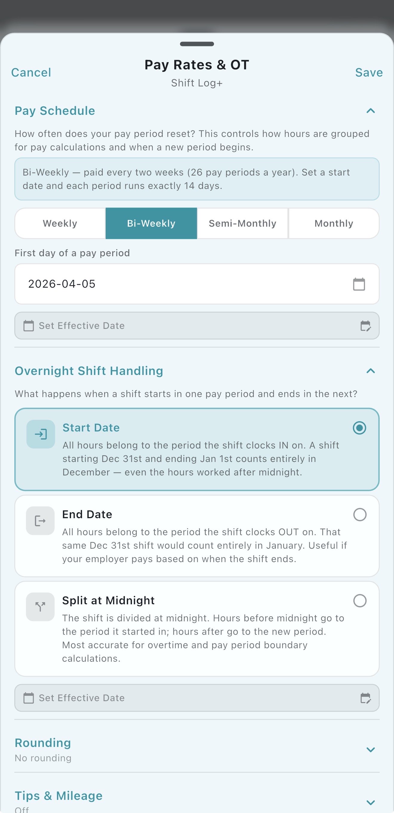 Shift Log+ screenshot: shiftTypes.jpg