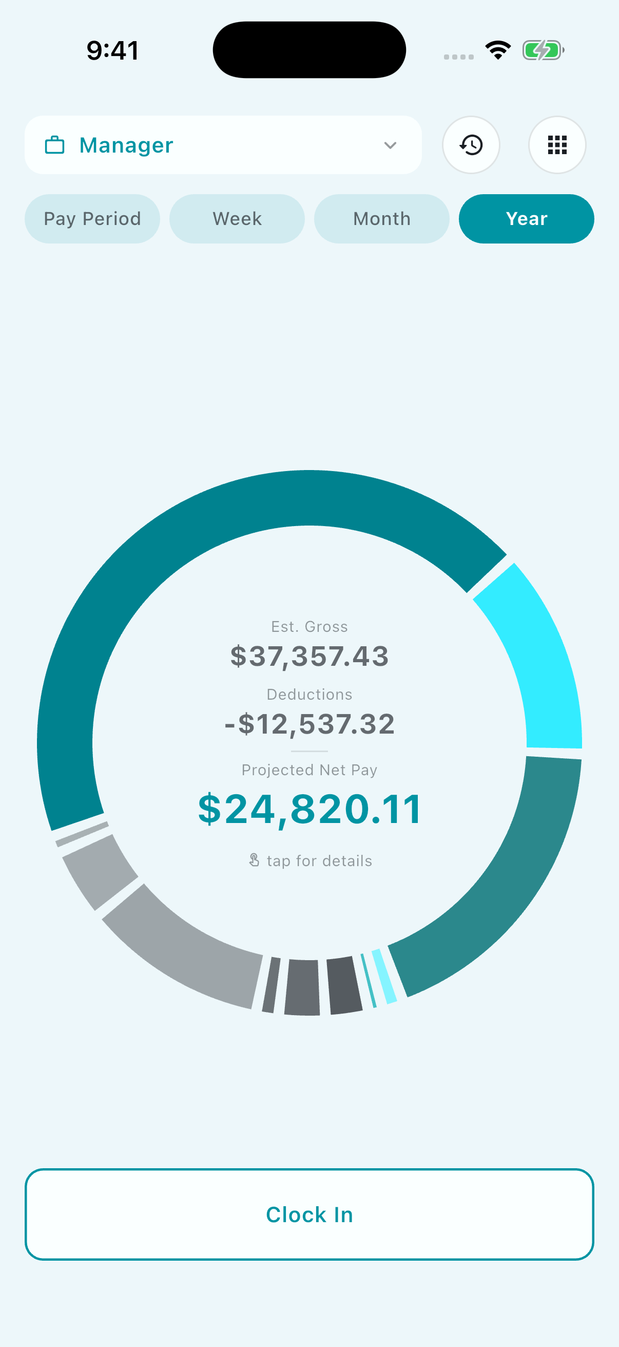 Actual Shift Log+ dashboard with its circular earnings breakdown and Clock In button