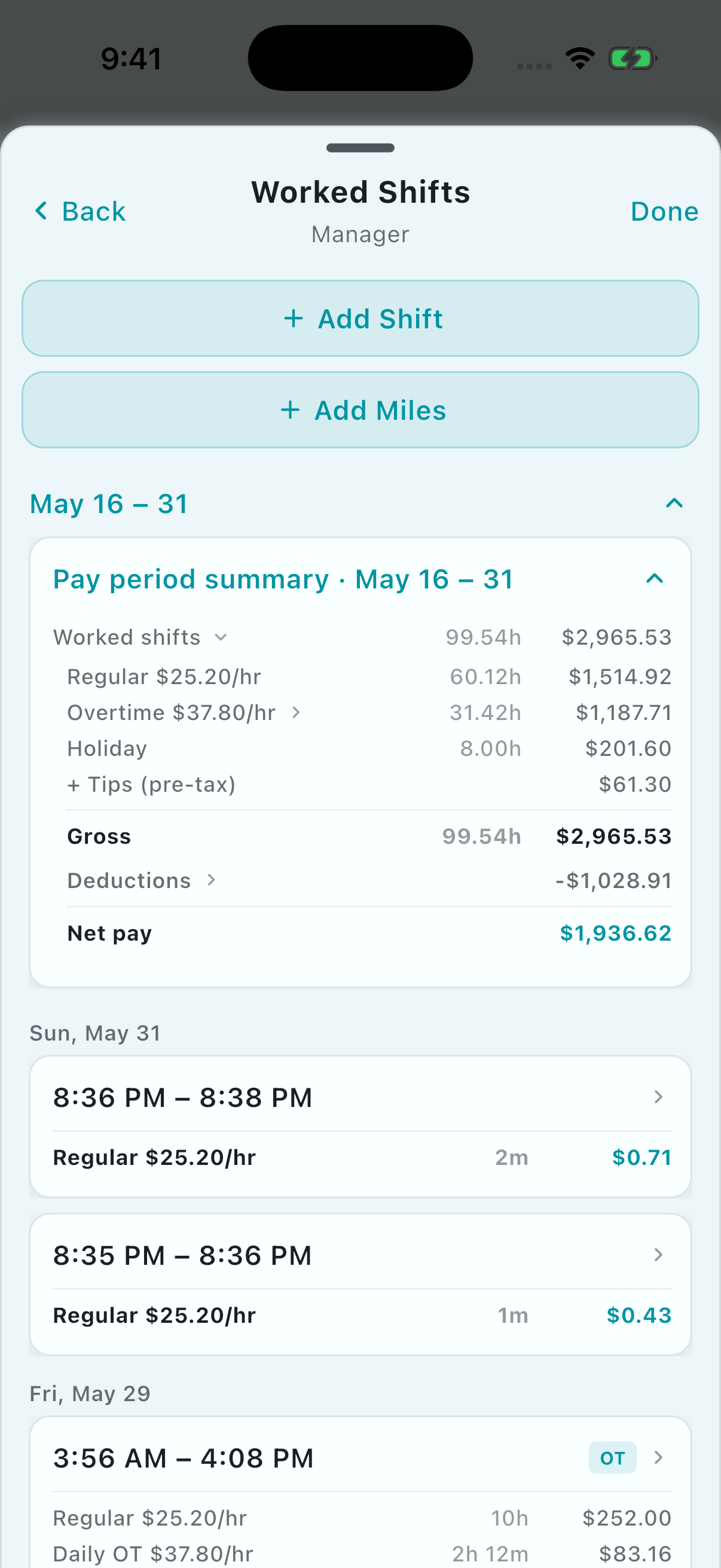 Actual Shift Log+ worked-shift screen with a pay period summary